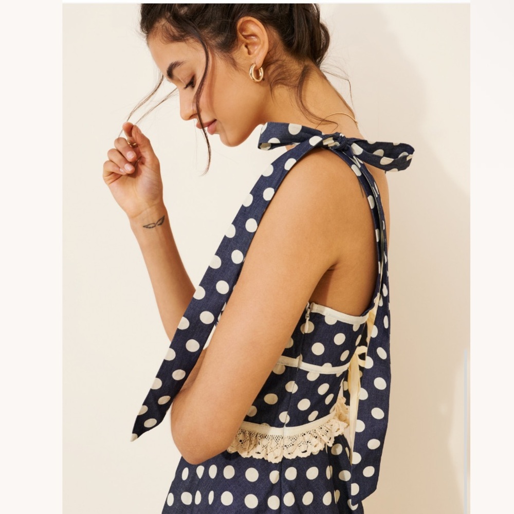 For Love & Lemons Dolly Denim Polka Dot Mini Dress Free People Size XL NEW $229 - Picture 2 of 16